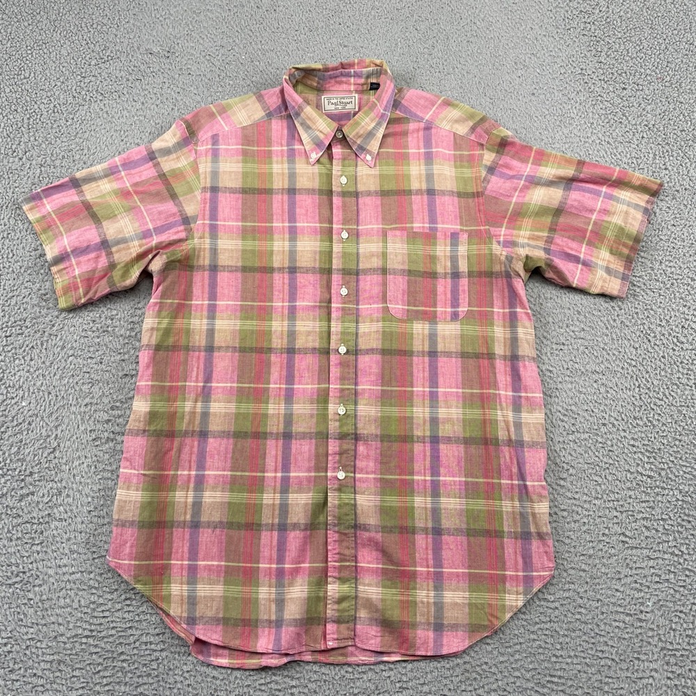 Paul Stuart Button Down Shirt Mens Large Pink Plaid Short Sleeve Cotton Casual
